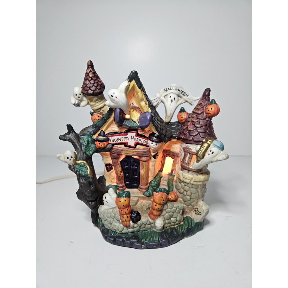 Spooky Hollow Haunted Hospital Porcelain Lighted Halloween Village House Vintage